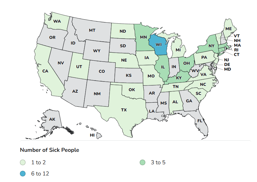 CDC case count map with cases in Alabama, California, Connecticut, Delaware, Iowa, Illinois, Kentucky, Massachusetts, Maine, Michigan, Minnesota, Missouri, North Carolina, North Dakota, Nebraska, New Jersey, New York, Ohio, Oklahoma, Pennsylvania, South Carolina, Tennessee, Texas, Utah, Virginia, Vermont, Washington, Wisconsin